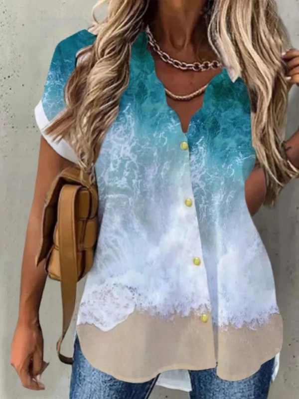 Casual Sea Short Sleeve V Neck Plus Size Printed Blouses
