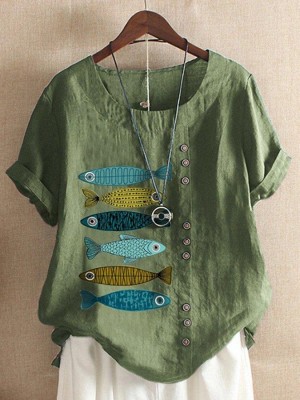 Casual Short Sleeve Round Neck Fish Print TShirt