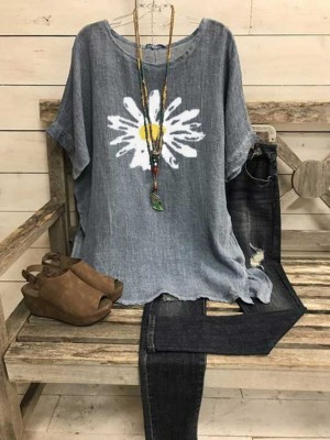 Short Sleeve Crew Neck Shift CottonBlend TShirts
