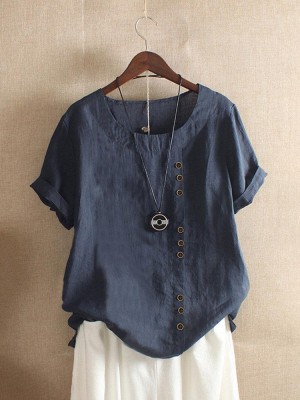 Solid Color Short Sleeve Button Summer Tshirt