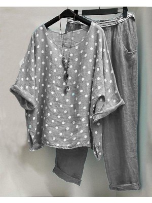 Autumn Round Neck Polka Dot Short Sleeve TwoPiece Suit