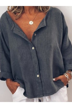 Casual Solid V Neck  Long Sleeve Buttoned Blouse