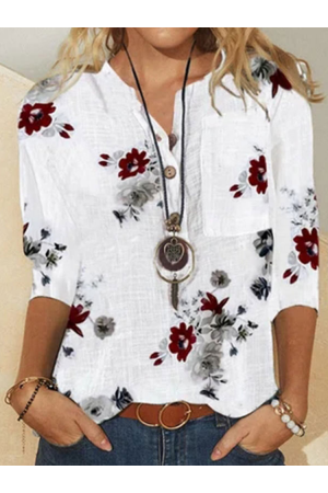 Flower Print Long Sleeve Button Stand Collar Women Blouse
