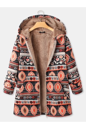 Vintage Print Zipper Front Hooded Long Sleeve Coat