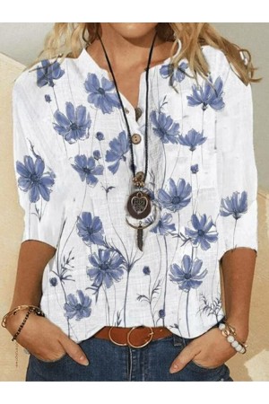 Flower Print Button Long Sleeve Stand Collar Women Blouse