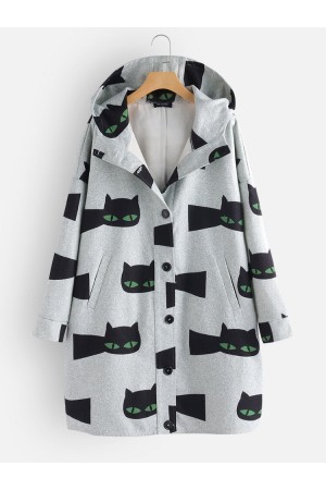Cartoon Cat Print Long Sleeve Hooded Coat