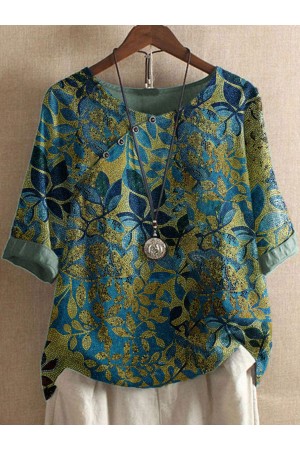 Round Neck Bronzing Leaf Print Casual Blouse