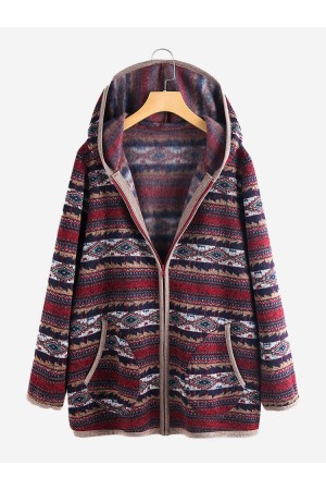 Ethnic Print Patchwork Long Sleeve Hooded Jacket