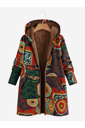 Thick Ethnic Print Long Sleeve Hooded Vintage Coat