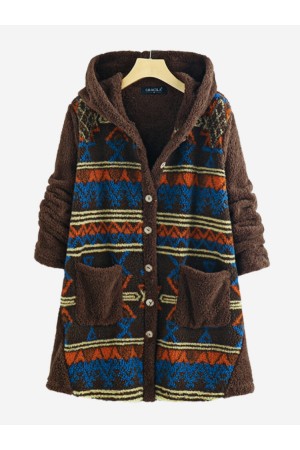 Patch Pockets Button Fleece Vintage Hooded Coat
