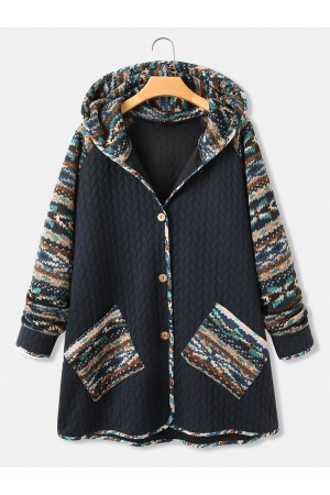 Vintage Print Patchwork Hooded Coat With Pocket