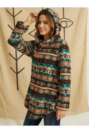 Vintage Ethnic Pattern Print Pocket Hooded Casual Coat