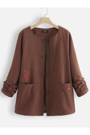 Vintage Embroidered Warm Fleece Frog Button Winter Coat