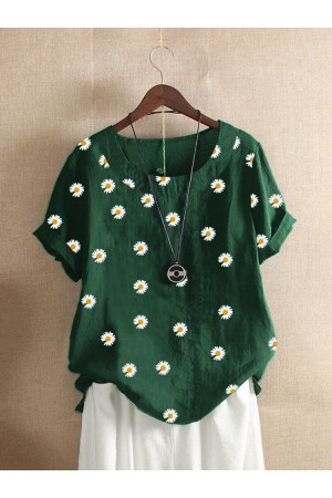 Daisy Floral Print Short Sleeve Oneck Tshirt For Women