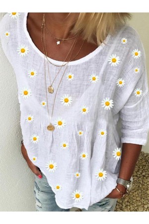 White Crew Neck Floral Shift Casual Shirts & Tops