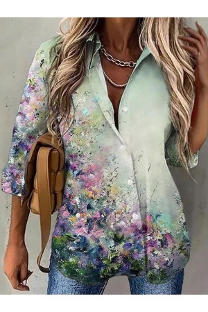 Fashion Floral Print Lapel Long Sleeve Shirt