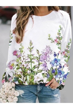 Casual Floral Print Crew Neck Long Sleeve Sweatshirt
