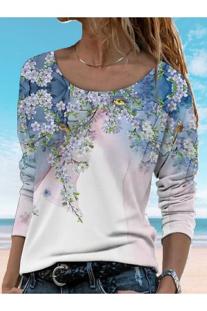 Round Neck Casual Loose Floral Print Long Sleeve Tshirt