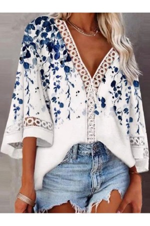Vneck Cutout Casual Loose Floral Print Half Sleeve Blouse