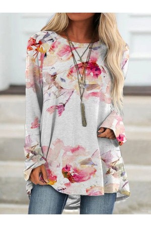 Round Neck Casual Loose Floral Print Long Sleeve Tshirt