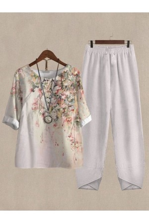 Casual Crew Neck Floral Cotton And Linen TwoPiece Set