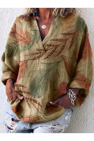 Loose Leaves Print Long Sleeve Casual Blouse