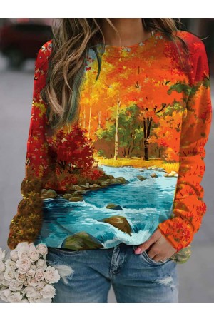 Women's Red Maple Forest Print Long Sleeve Sweatshirt