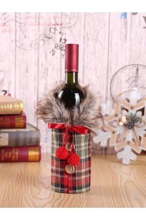 Christmas fur collar red plaid wine decoration set