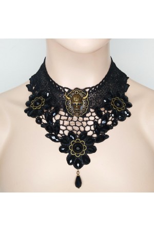 Women's black lace skull Skull Punk Necklace