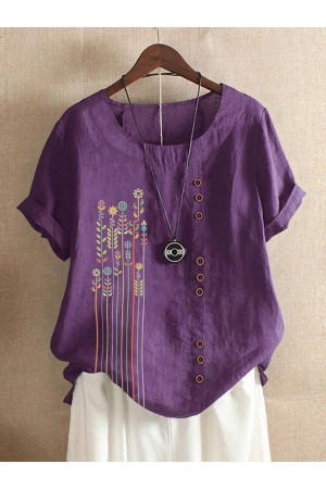 Bohemian Print Button Crew Neck Short Sleeve TShirt