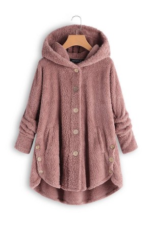 Fleece Hooded Asymmetrical Hem Button Coat