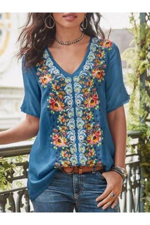 Floral Print Vneck Short Sleeve Casual Tshirt