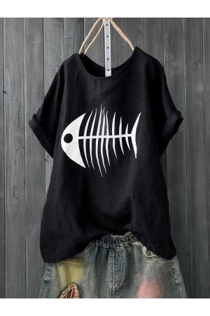 Print Fish Bone Casual Short Sleeve Cute TShirt