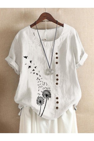 Flower Birds Print Short Sleeve Button Tshirt