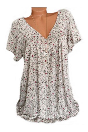 Print Floral Short Sleeve V Neck Blouse