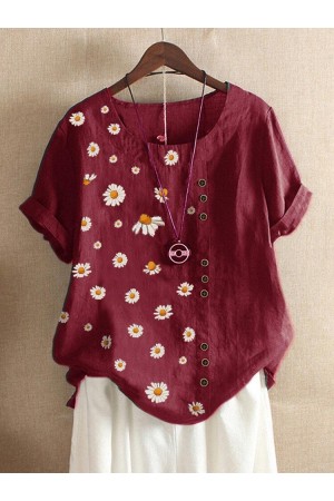 Daisy Print Button Oneck Short Sleeve Plus Size Tshirt