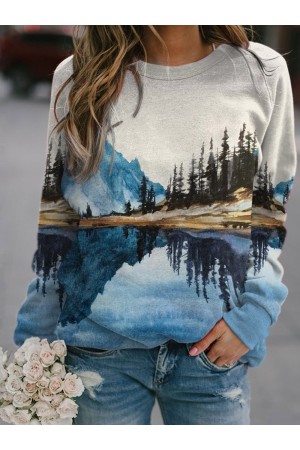 Women's Mountain Printed Round Neck Casual Sweatshirt