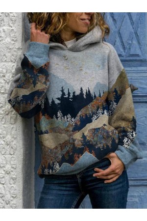 Ladies Mountain Treetop Print Hooded Sweatshirt