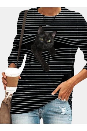 BLACK AND WHITE STRIPE CAT PRINT CREW NECK SWEATSHIRT