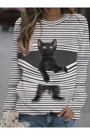 Cartoon Cat Print Striped Oneck Long Sleeve Sweatshirt