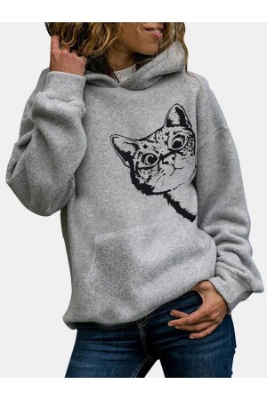 Cat Print Long Sleeve Pocket Casual Hoodie For Women