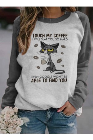 LETTER CAT PRINT LONG SLEEVE CASUAL SWEATSHIRT