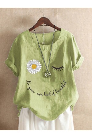Women Daisy Letter Print Crew Neck Tshirts