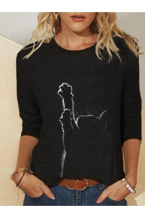 Cat Print Long Sleeves Oneck Casual Tshirt For Women