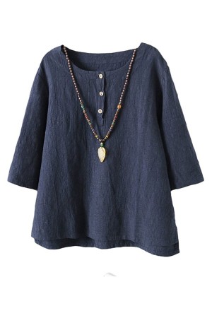Women's 3/4 Sleeve Cotton Linen Jacquard Blouses Top Tshirt