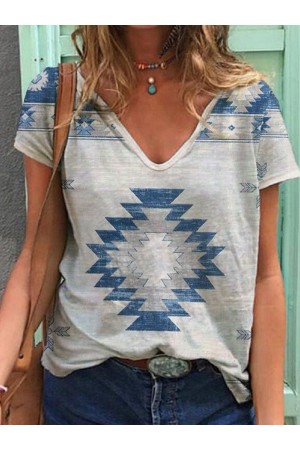 Vintage Printed Casual Vneck Shortsleeved Loose Tshirt