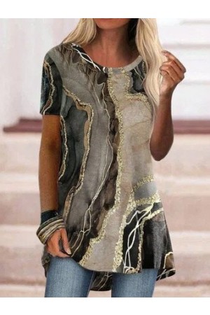 Marbling Print Crew Neck Short Sleeves Tops