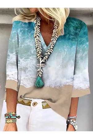 Sea Print Casual Vneck 3/4 Sleeves Tops