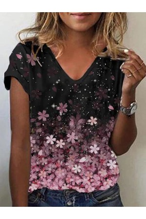 Gradient Sakura Print Vneck Short Sleeves Tshirt