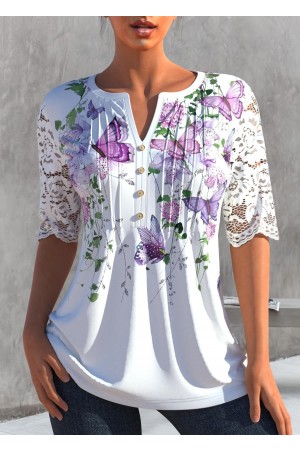 Lace Stitching White Butterfly Print T Shirt